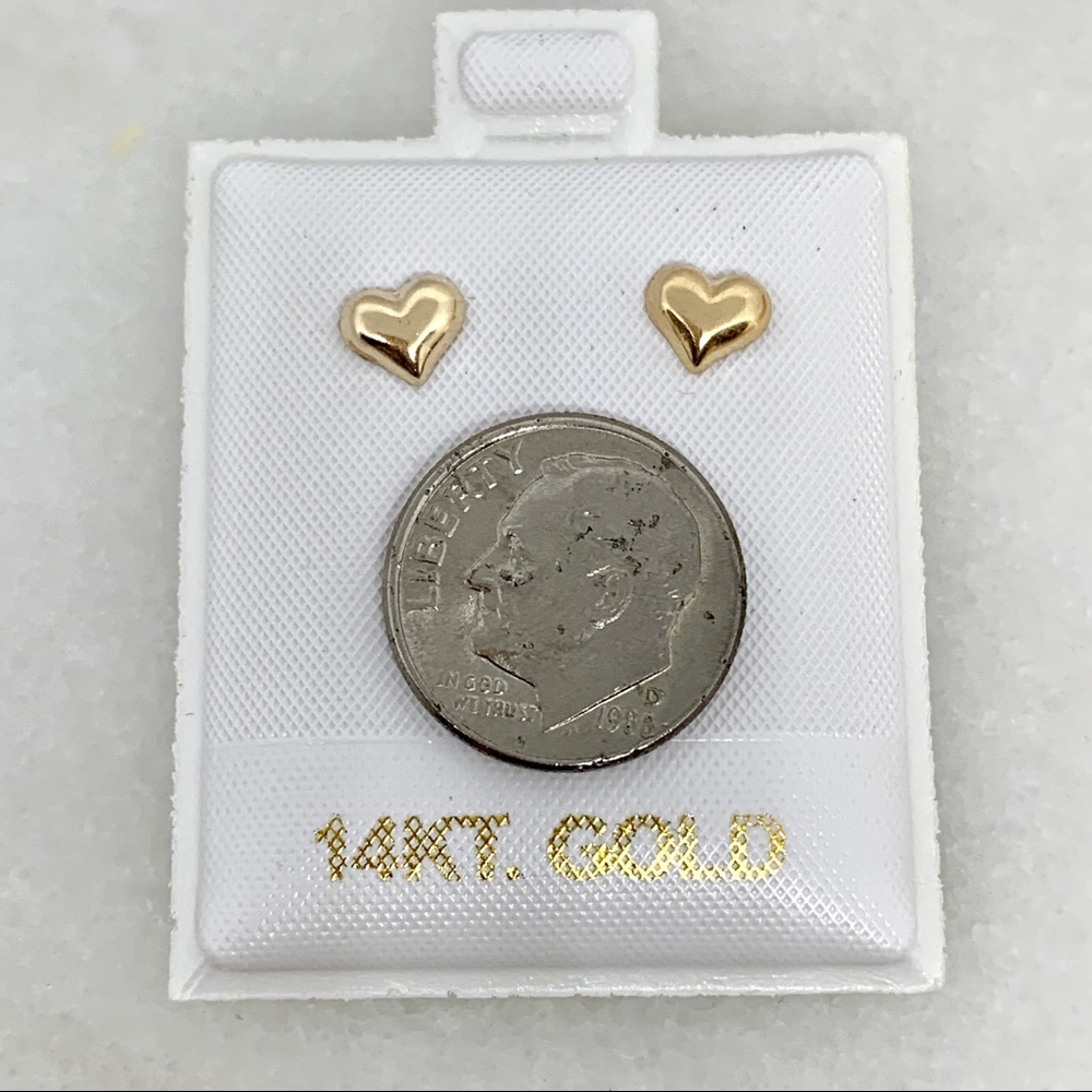 14K Yellow Gold Small Puffed Heart Earrings ❤️ - Picture 5 of 7